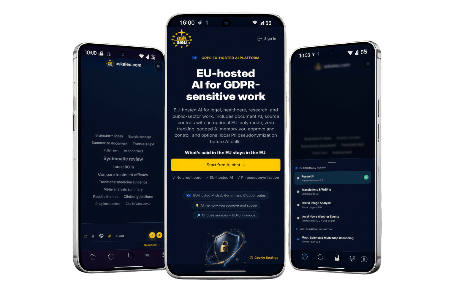 The askaieu.com AI assistant displayed across three mobile phones